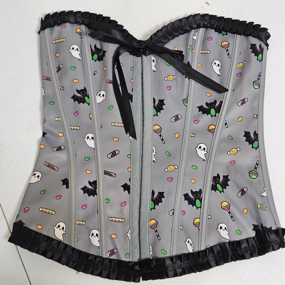 LittleForBig Corset Women XS Grey Halloween Ghost Bat Candy Ruffle Lace Up Goth
